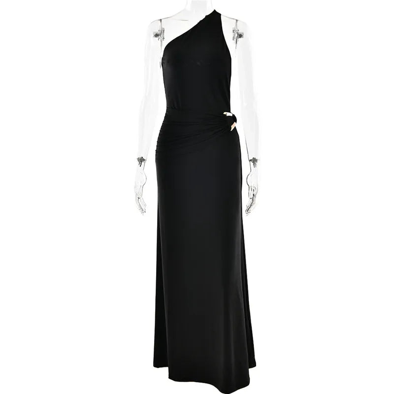 Sibybo Oblique Shoulder Sleeveless Ruched Maxi Dress For Women Gown Elegant Metal Rings Backless Bodycon Long Dresses Vestidos