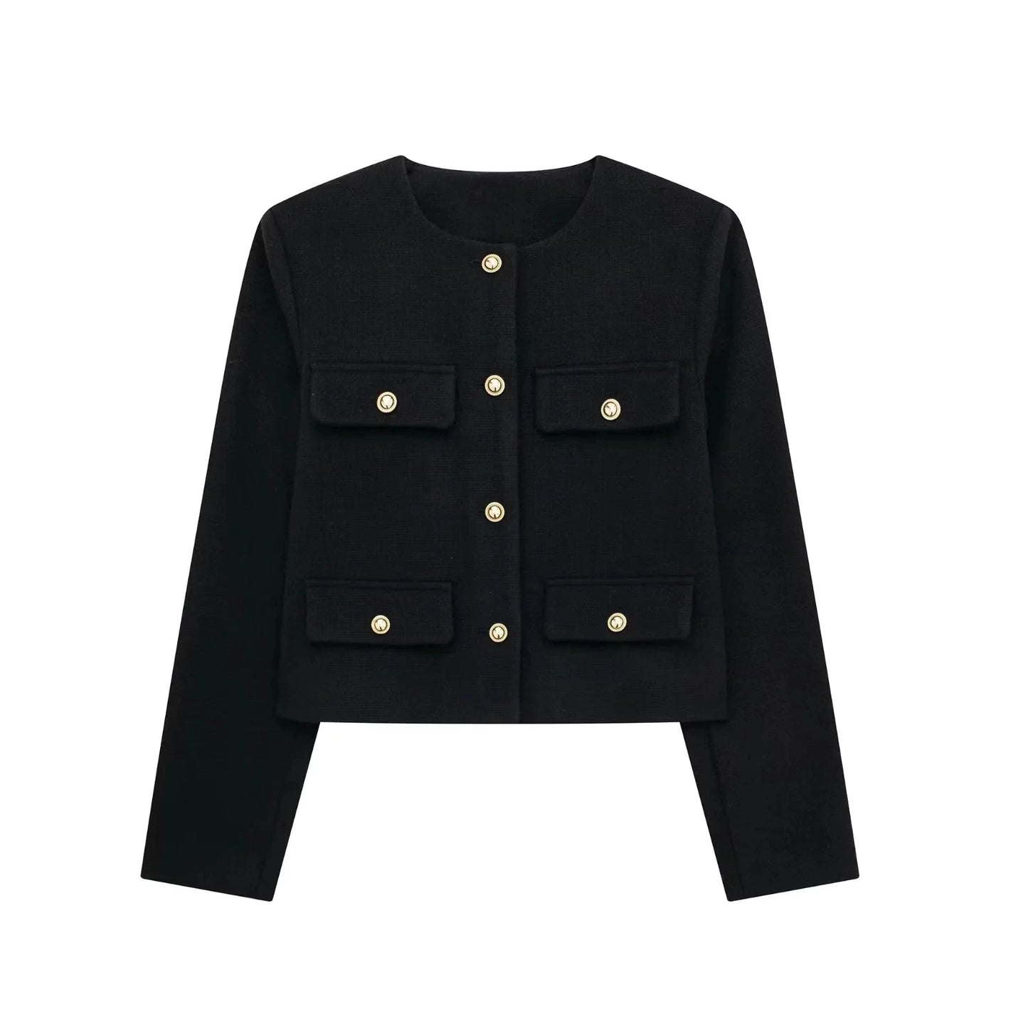 TRAFZA Women Vintage Solid Coat Button Long Sleeve O Neck Jacket With Pocket 2024 Autum Elegant Female Casual Outerwear Jakcet