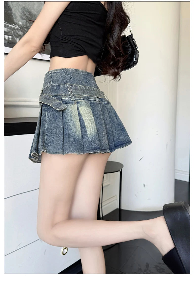 スイートセクシーデニムケーキスカート レディース レトロ ハイウエスト Aライン ミニスカート 女性用 韓国ファッション カジュアル ストリートウェア プリーツスカート Y2K