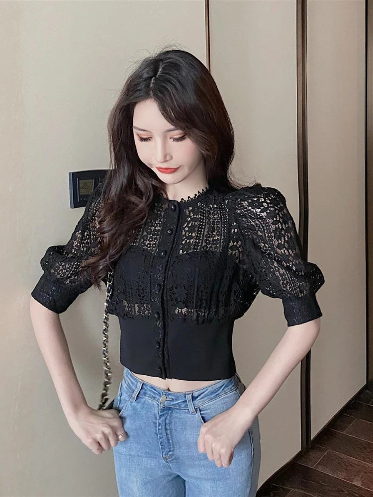 Woherb Sweet Crochet Top Blouse Women Sexy Hollow Out Shirt Vintage Puff Sleeve Korean Shirts Fashion Chic Tops Blusas