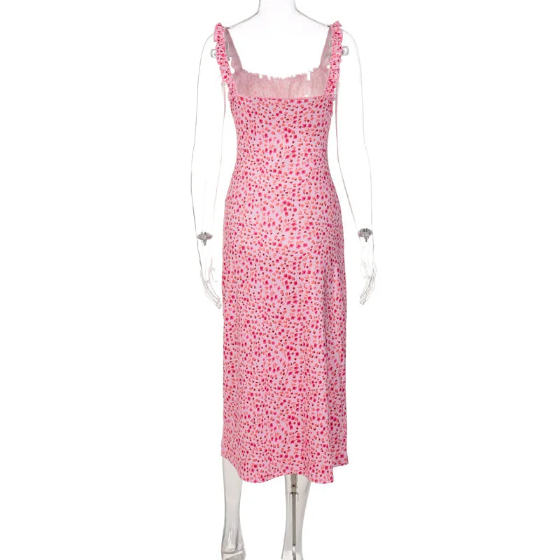 Hbenna Summer Dresses For Women Floral Print Sexy Y2K Ankle-Length Party Dresses Women Skinny Spaghetti Strap Long Dresses Pink