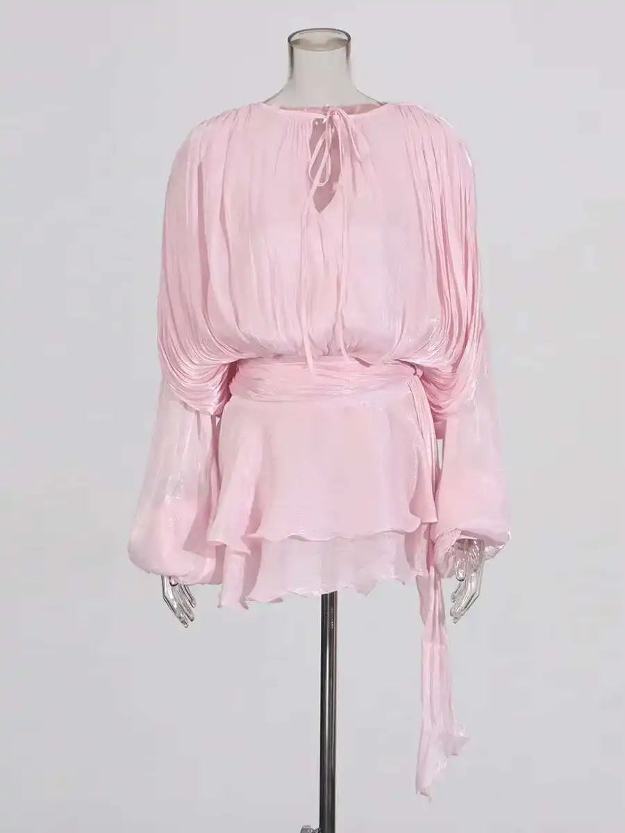 TWOTWINSTYLE Solid Blouse Mini Dresses For Women V Neck Long Sleeve Spliced Lace Up Sweet Style Dress Female Clothing Fashion