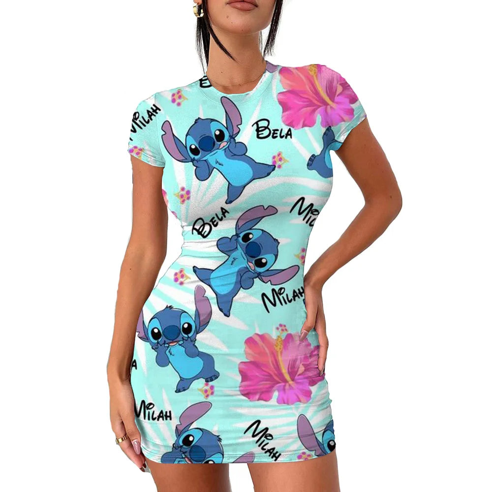 2022 Disney Stitch 3D Cartoon Print Tight Dress Short Sleeve Women's Tight Mini Dress Hip Print Kawaii beach party Women's Dress