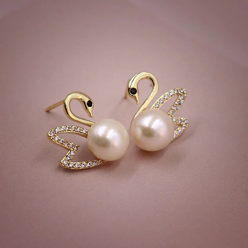 925 Silver Needle Hollow Crystal Swan Earrings For Women Korean Jewelry 2025 Trending New Luxury Animal Pearl Stud Earrings Gift