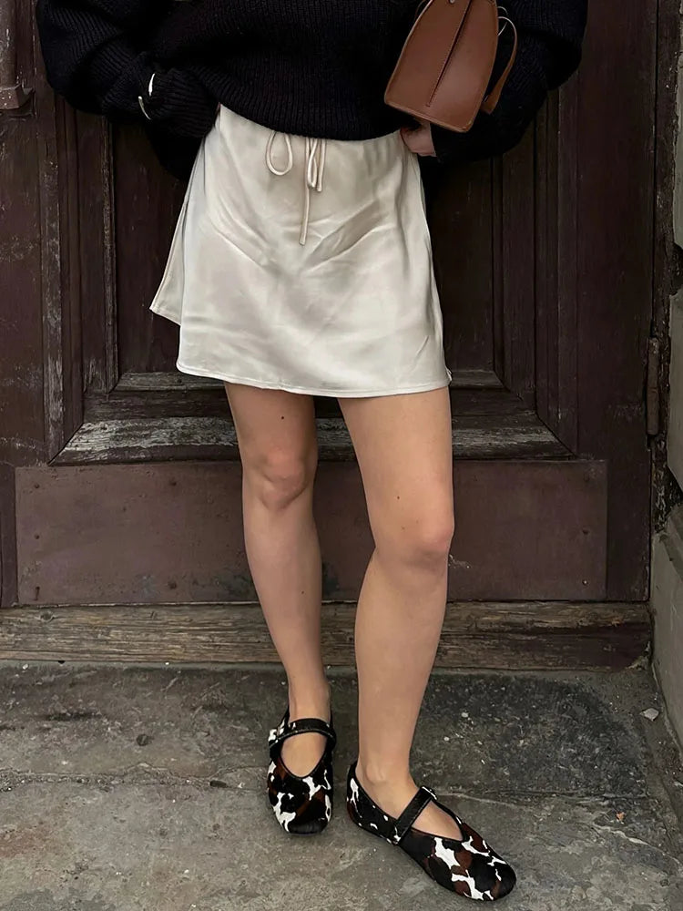 Satin Mini Skirts Women Summer Beige Silk Short Skirt For Woman Drawstring High Waist Black Satin Skirt A Line Women Short 2025