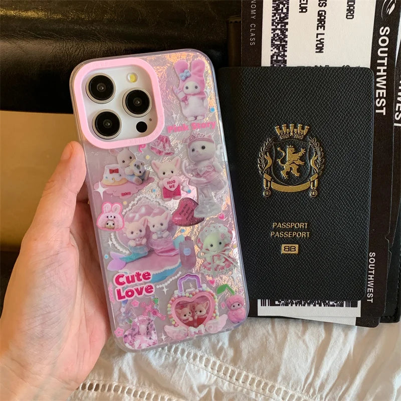 高級レーザーレインボーキュートピンクハートラブキャット漫画電話ケース iPhone 12 13 14 15 16 Pro Max Y2k 3Dふわふわ猫人形ストラップ