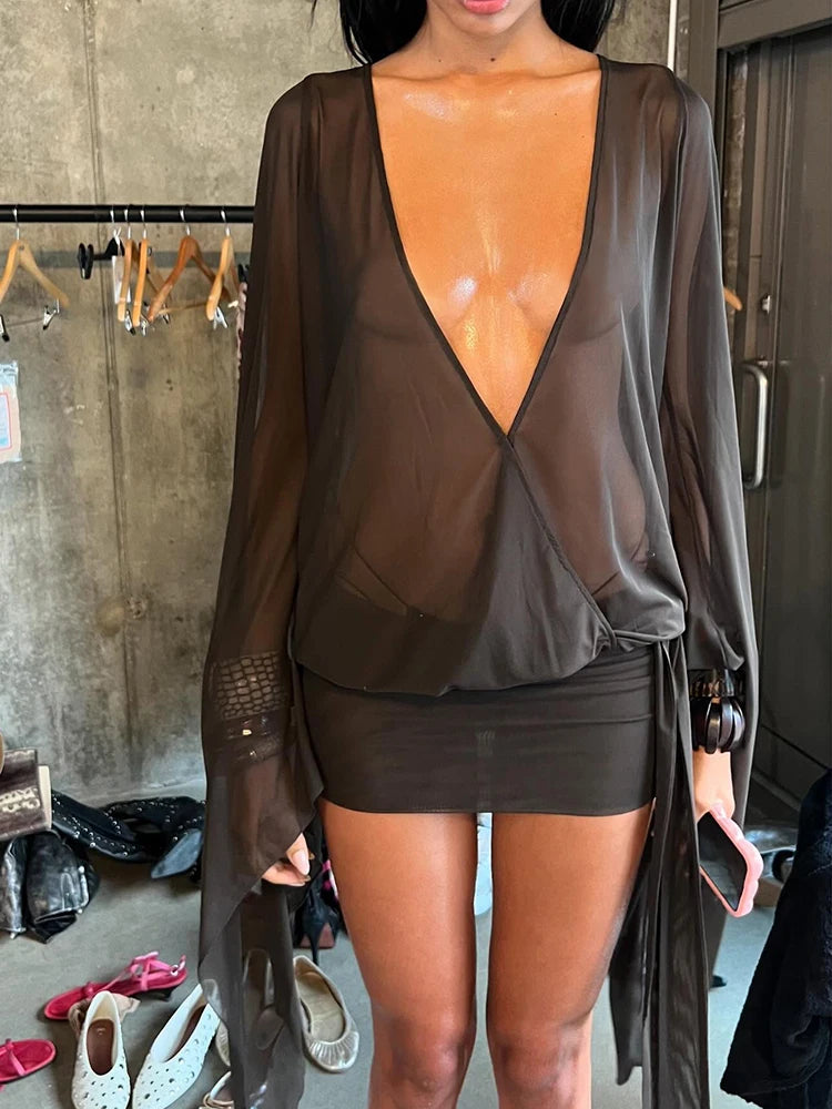 kliou メッシュ イレギュラー レディース ミニドレス セクシー シースルー シック 長袖 ディープロー ネック バンデージ スリム ワンピース ムヘール コケット フロック