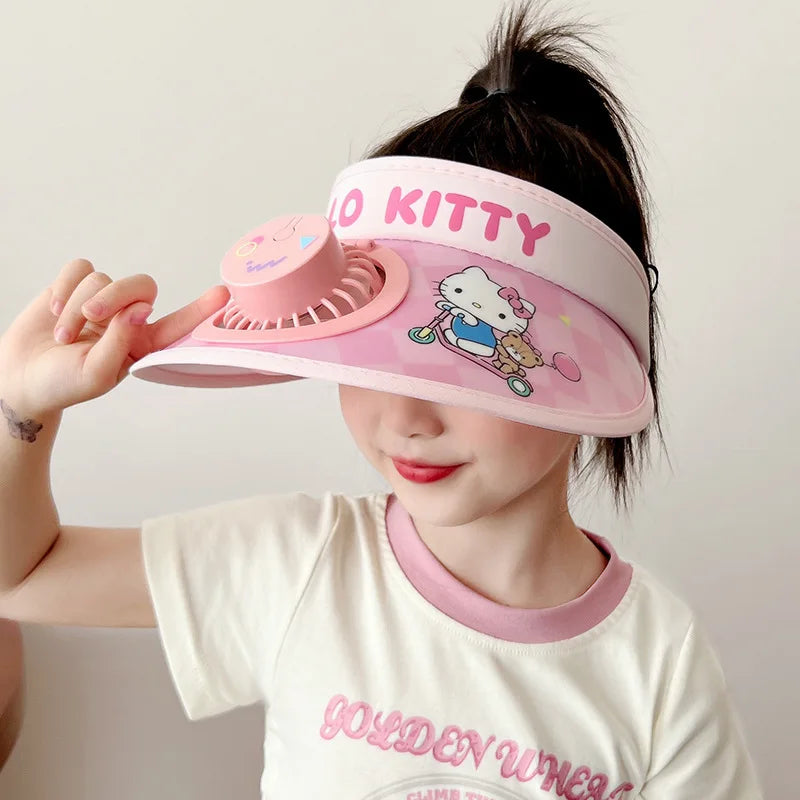New Cute Kuromi Kids Sun Hat with Cooling Fan Summer Breathable Uv Protection Cap for Boys Girls Outdoor Play Wide Brim Visor