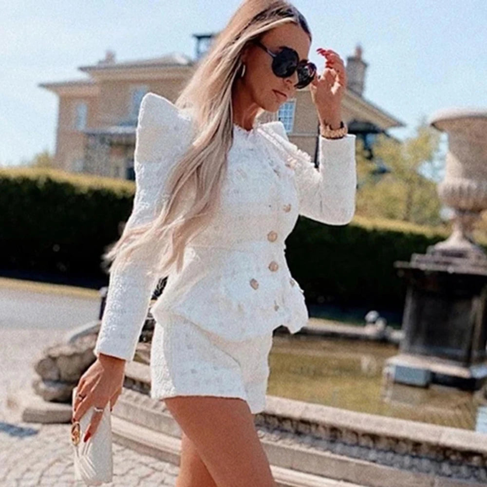 Two-Piece Set Sexy O-Neck Long Sleeve High Quality 2021 New Women's Tweed 2 Single Breasted Jacket And Pants Club Party Set