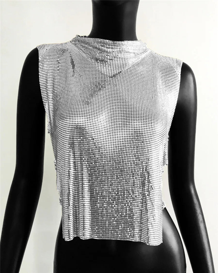 セクシーなメタルスパンコールのバックレスパーティークロップトップレディースシャイニータートルネックTシャツ調節可能なラインストーンチェーンナイトカルブフェスティバルタンクトップ