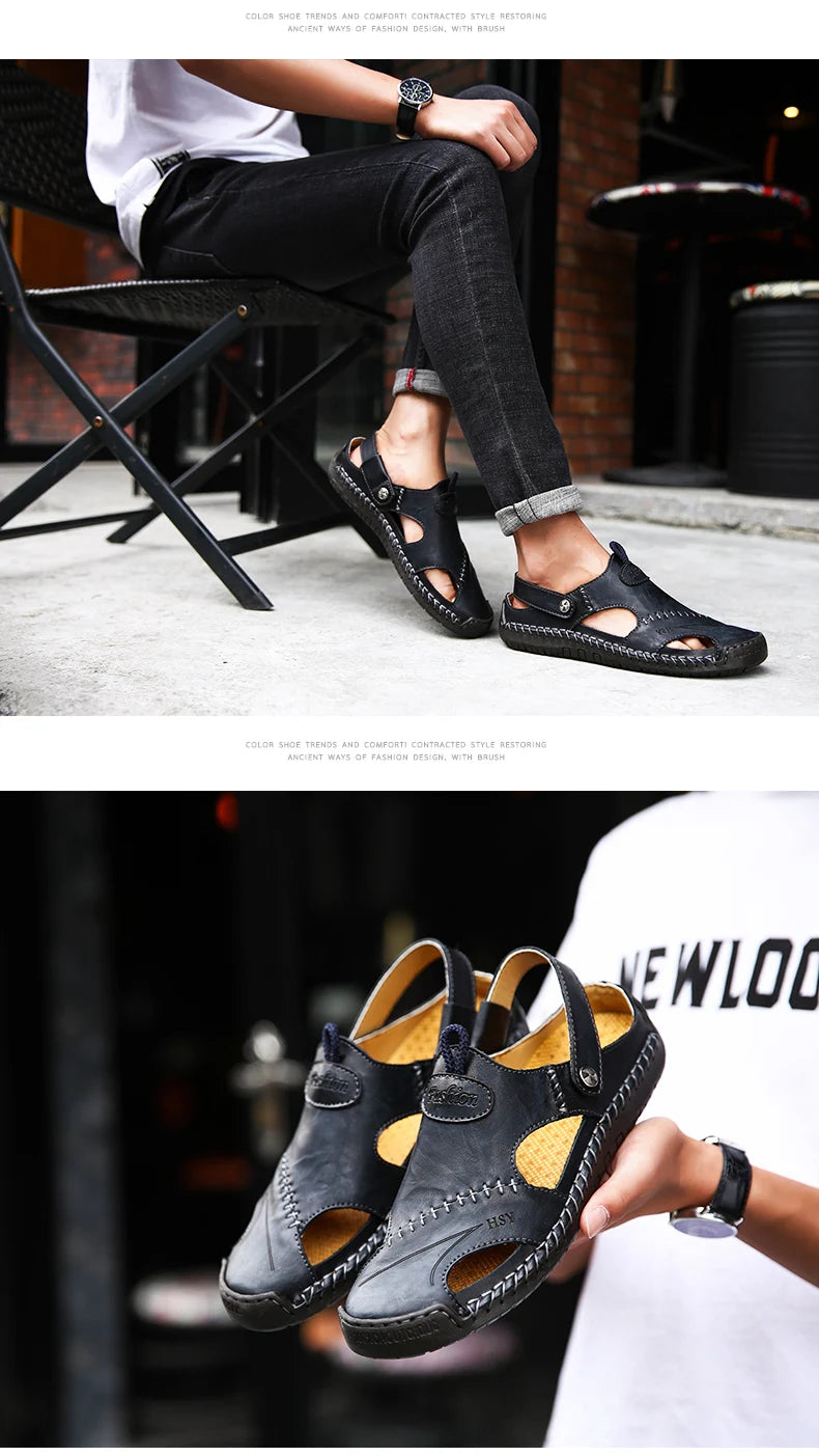 Sandals Man Summer 2023 Leather Slides Breathable Rome Male Outdoor Beach Platform Slippers Soft Hot Sale Men Flat Sandals