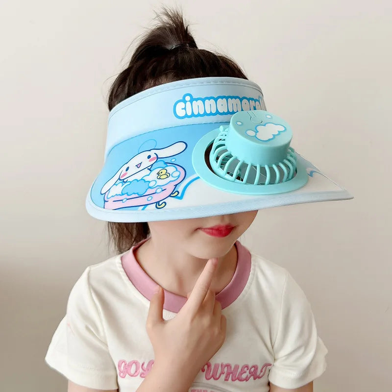 New Cute Kuromi Kids Sun Hat with Cooling Fan Summer Breathable Uv Protection Cap for Boys Girls Outdoor Play Wide Brim Visor