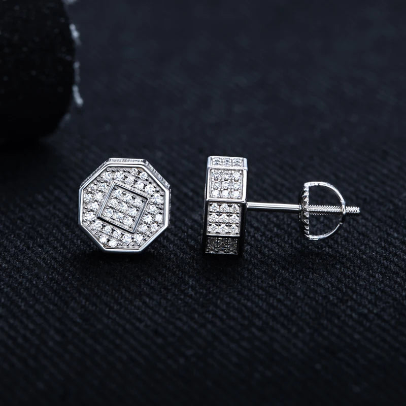 MossanRappr Moissanite Iced Out Stud Earrings for Men Women 925 Sterling Silver Rock Hip Hop Jewelry Gift Punk Party Accessories