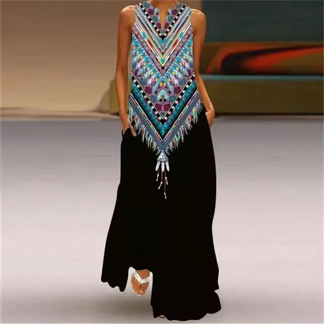 Spring Summer Long Dress Womens Long Casual Party Dresses Women Clothing Casual A-Line Printing V-Neck Pockets Maxi Dress Autumn