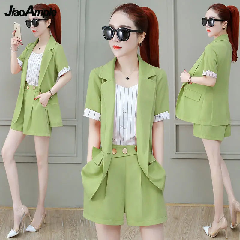 2025 Summer New Suit Jacket Shorts Suspenders Three-piece Women's Professional Wear Korean Fashion Blazers Coat Vest Pants Set