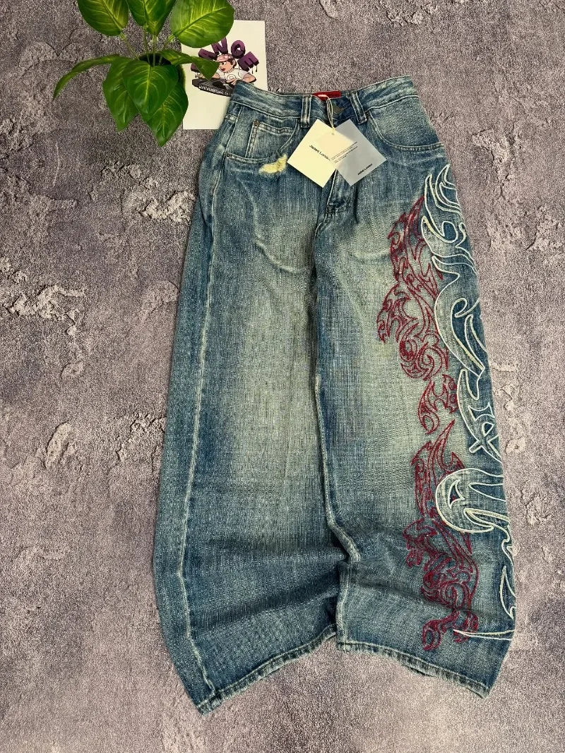 Y2K American New Pattern Embroidery Baggy Jeans Men High Street Vintage Hip Hop Fashion Casual Joker Couple Wide-leg Pants