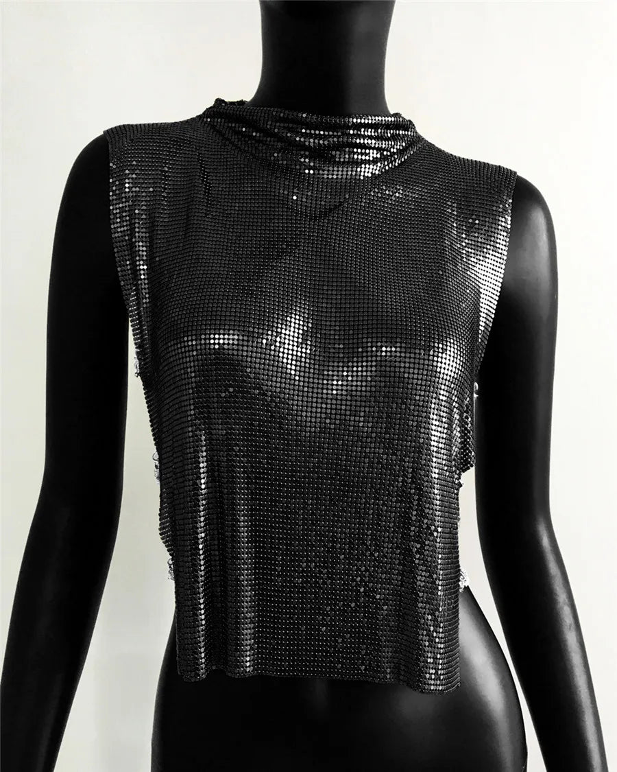 セクシーなメタルスパンコールのバックレスパーティークロップトップレディースシャイニータートルネックTシャツ調節可能なラインストーンチェーンナイトカルブフェスティバルタンクトップ