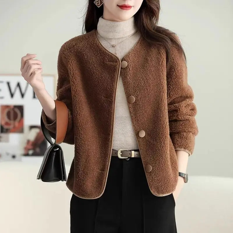Autumn Winter Women Korean Fashion Luxury Chic Lamb Plush Button Jackets Retro Elegant Solid O Neck Long Sleeve Loose Warm Coats