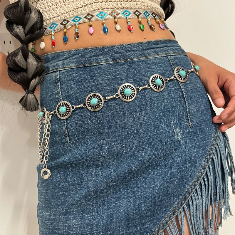 Fashion Silver Bohemian female circular waist chain luxury blue gemstone Ellipse chain belts for women suitable for Skirts dress