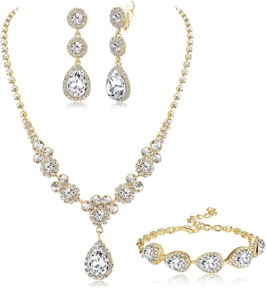 Florideco Rhinestone Bridal Jewelry Set Necklace Bracelet Earrings for Brides Bridesmaid Teardrop Pendants for Wedding Prom