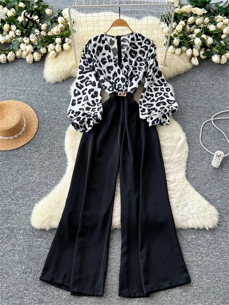 SINGREINY Autumn Leopard Long Jumpsuits V Neck Long Sleeves Belt Wide Legs Pants Women American Retro Senior Office Lady Rompers
