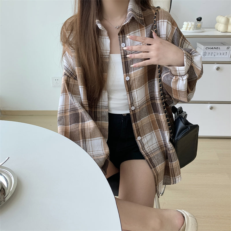 Women Tartan Shirt Long Sleeve Collared Button Up Oversized Plaid Shirt Jacket Grunge Fashion Teenage Girl Spring Summer Outfit