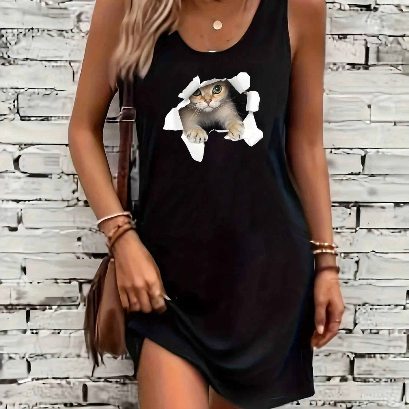 Women's summer loose, comfortable, casual, fashionable cat pattern printed black sleeveless vest skirt punk style dress