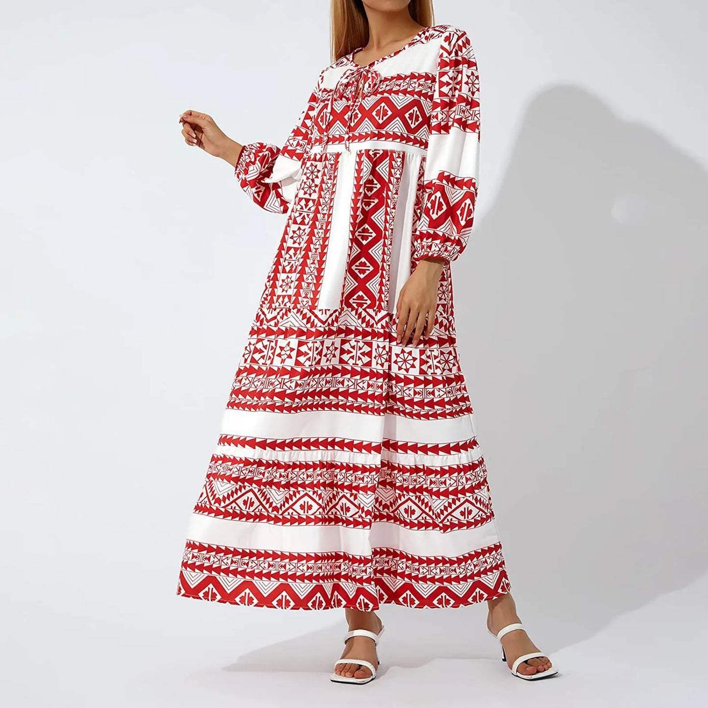 Women's Summer Casual Fashion Geometric Print Neckline Lace-up Bubble Middle-sleeves Ruffle Stitching Big Swing Long Losse Dress