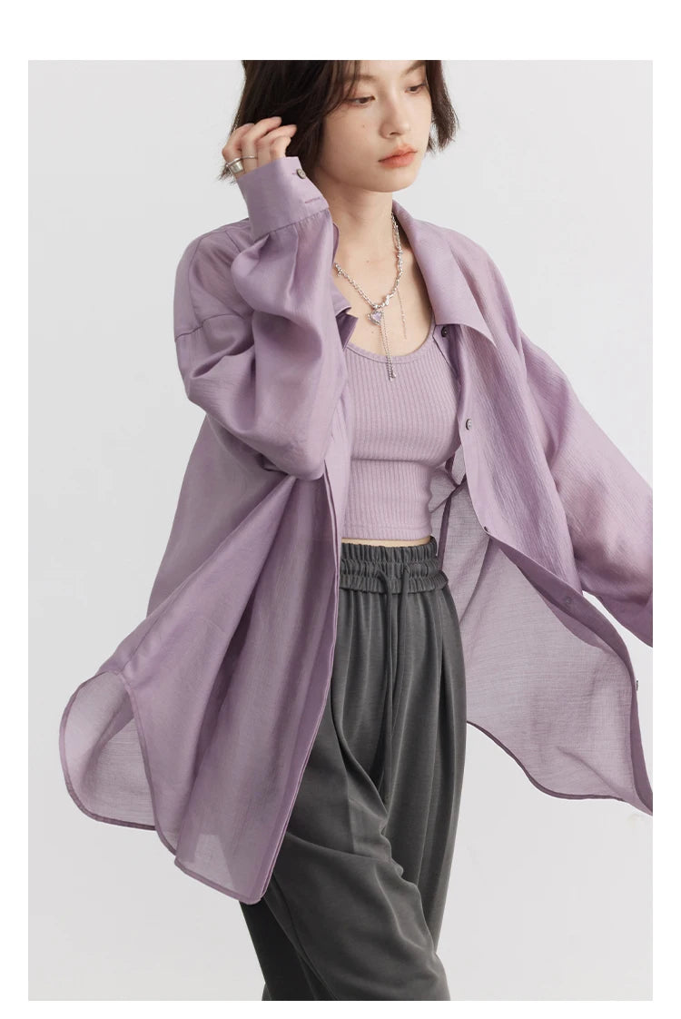 CHIC VEN Women Thin Shirt Long Sleeve Casual Loose Slightly Transparent Cool Blouses Woman Solid Design Female Top Summer 2024