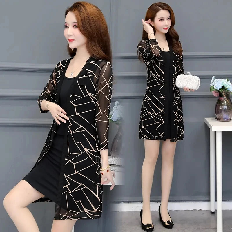 2024 Female Mid Length Large Size Sun Protection Cardigan Tops Coat Women Summer Gauze Lace Print Thin Sun Sunscreen Jacket 5XL