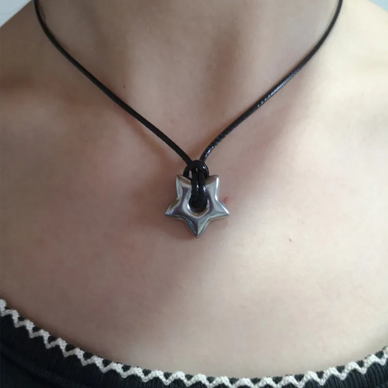 Gothic Hollow Star Pendant Necklace Vintage Leathers Rope Fashion Jewelry for Women Men Pentagrams Charm Choker Gift