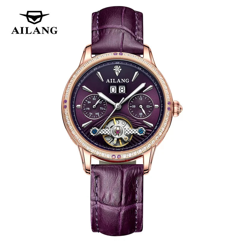 AILANG ブランド 高級 自動巻き トゥールビヨン 腕時計 レディース ファッション レザーストラップ 防水 週間 日付 機械式 ウォッチ