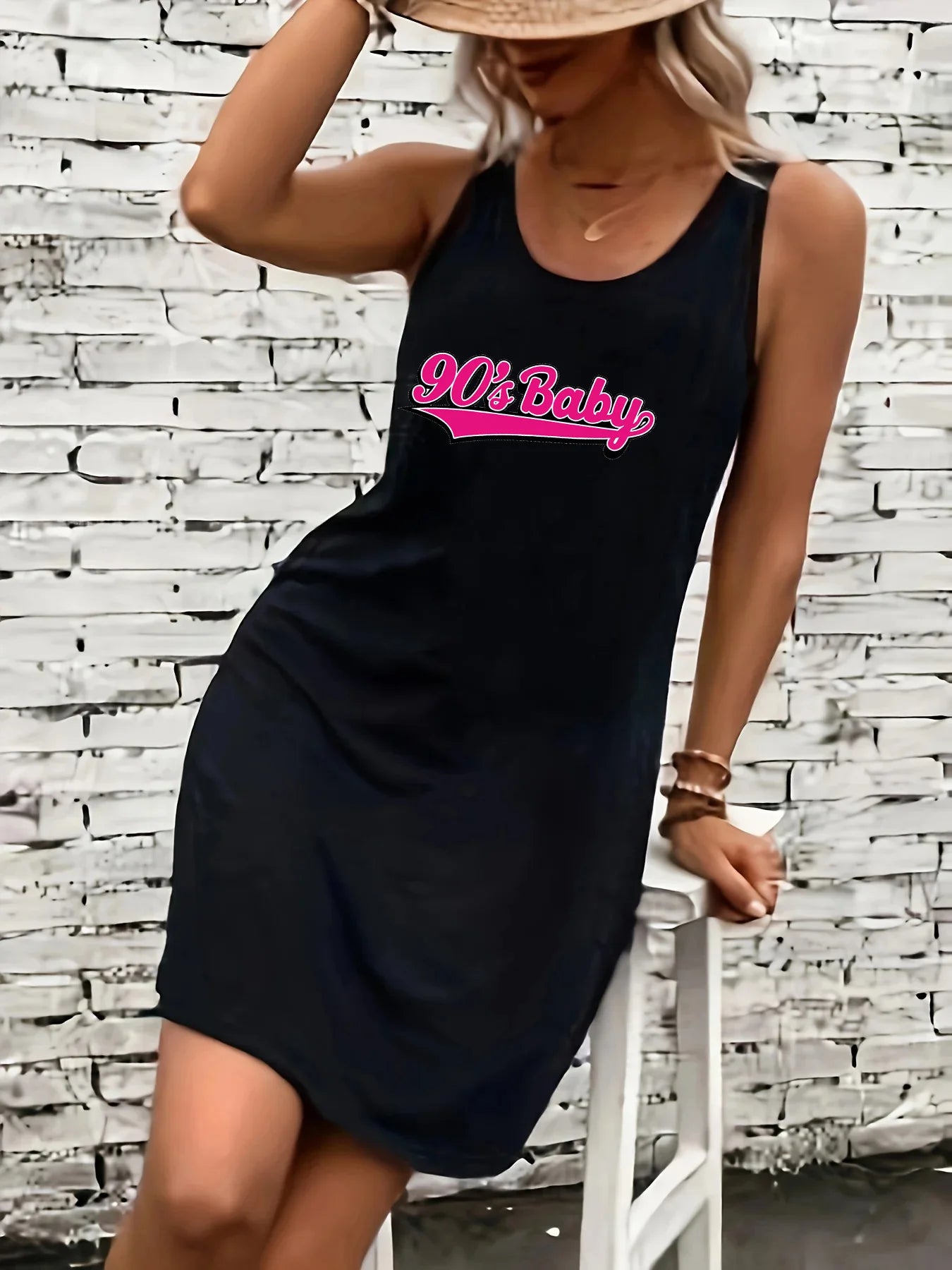 Women's summer loose and comfortable casual color portrait pattern print black sleeveless vest skirt punk style dress