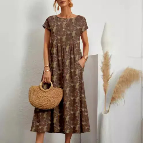 Fashion Women's Cotton and Linen Dress, Round Neck Printed Short Sleeved A-line Maxi Skirt, Unique Floral Long Dresses Vestidos