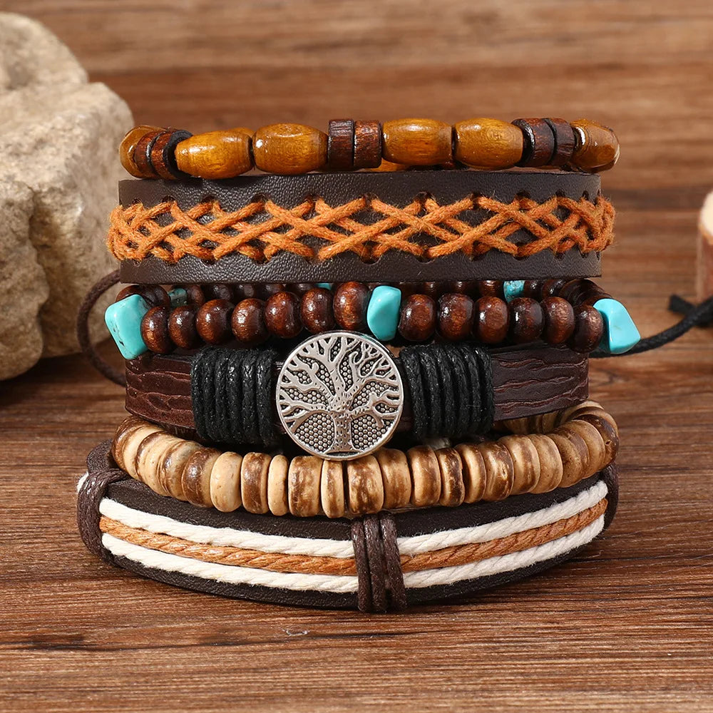 Red 6 Pc/set Tree Black Wrap Woven Handmade Wood Beads Bracelets Male Women Leather Bracelets Men Bangle Wholesale Jewelry Gift