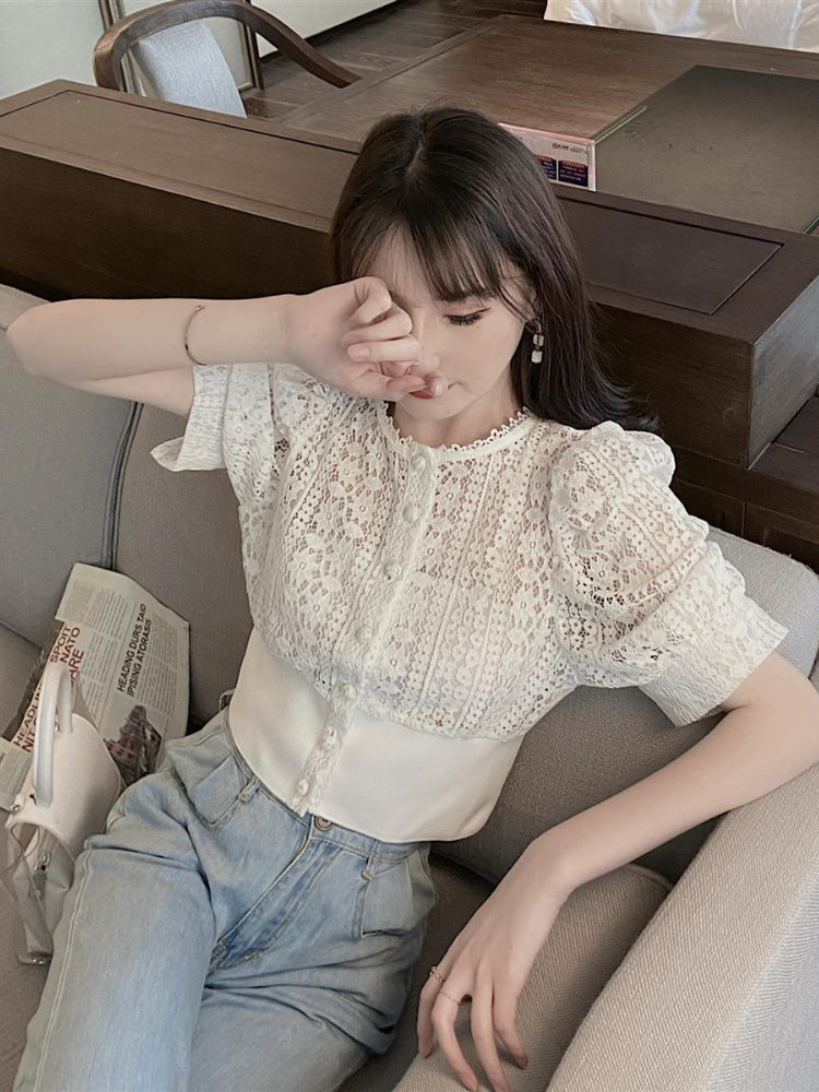 Woherb Sweet Crochet Top Blouse Women Sexy Hollow Out Shirt Vintage Puff Sleeve Korean Shirts Fashion Chic Tops Blusas