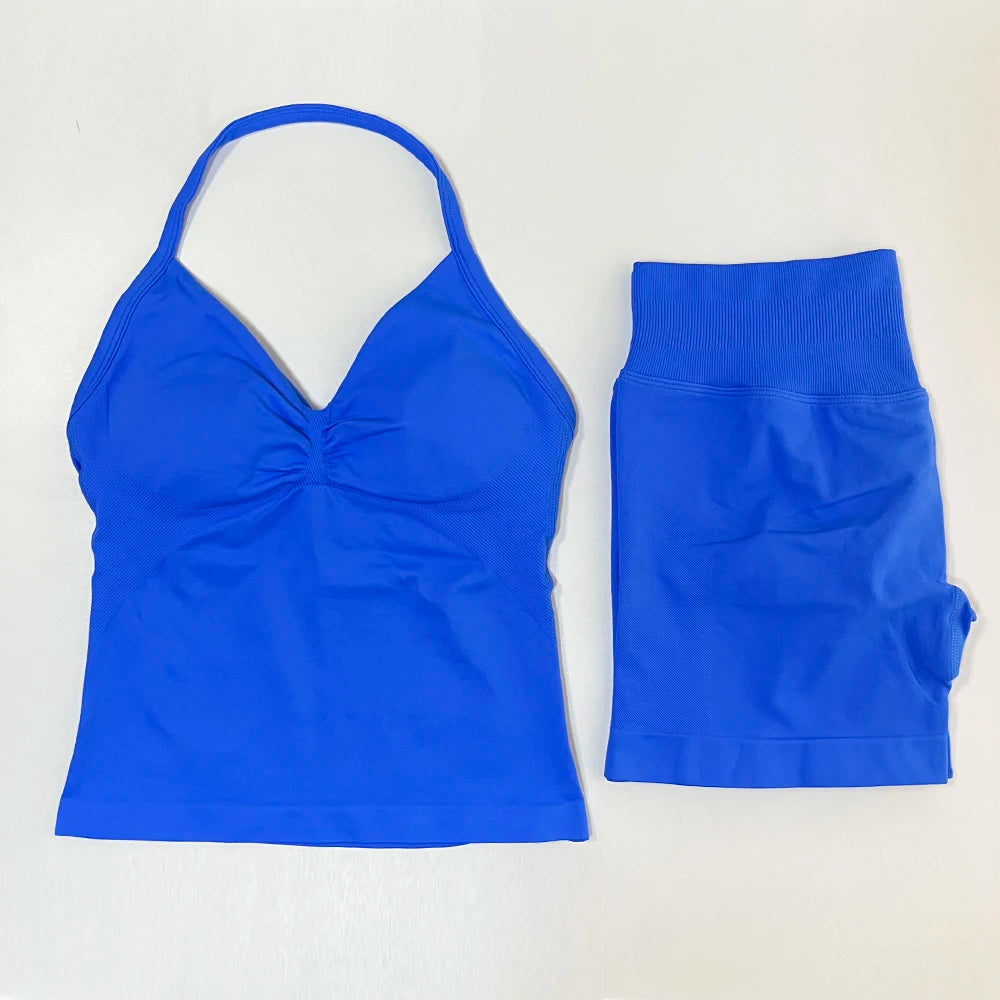 2pcs Gym Set Women Backless Tank Top and Scrunch Seamless Yoga Shorts Suits Fitness Yoga Set Activewear Workout Sets Sports Suit