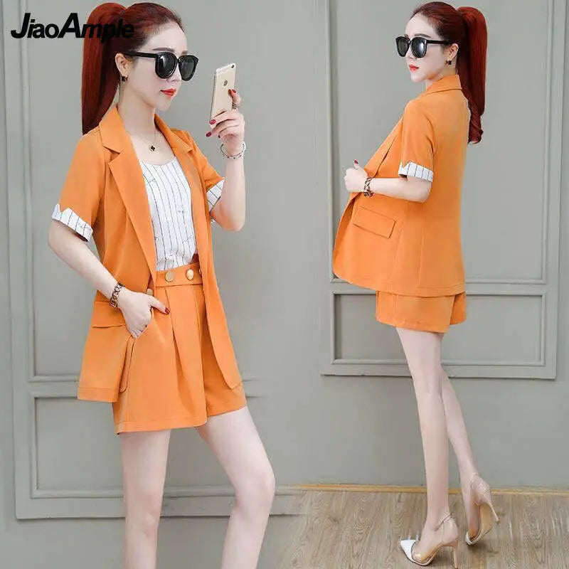 2025 Summer New Suit Jacket Shorts Suspenders Three-piece Women's Professional Wear Korean Fashion Blazers Coat Vest Pants Set