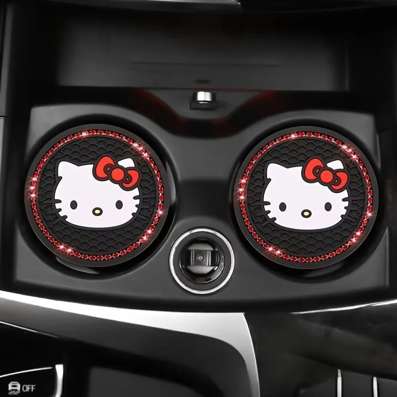 2pcs Kawaii Sanrio Hello Kitty Car Coaster,Cute Cartoon Non-slip Heat Insulation Coasters, Cup Pads Mat, Cup Holder Decoration