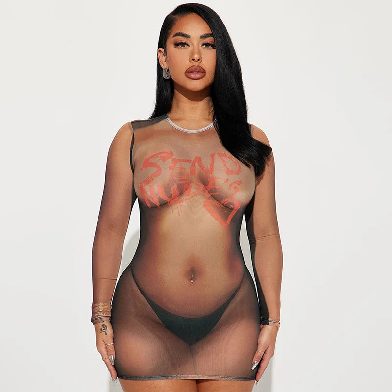 HELIAR レディース メッシュ シースルー セクシー ドレス プリント 長袖 ミニ ボディコン ドレス Y2K ストリート パッチワーク ドレス 春夏
