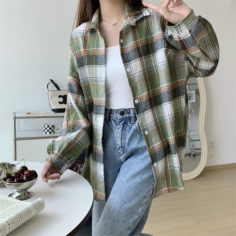 Women Tartan Shirt Long Sleeve Collared Button Up Oversized Plaid Shirt Jacket Grunge Fashion Teenage Girl Spring Summer Outfit