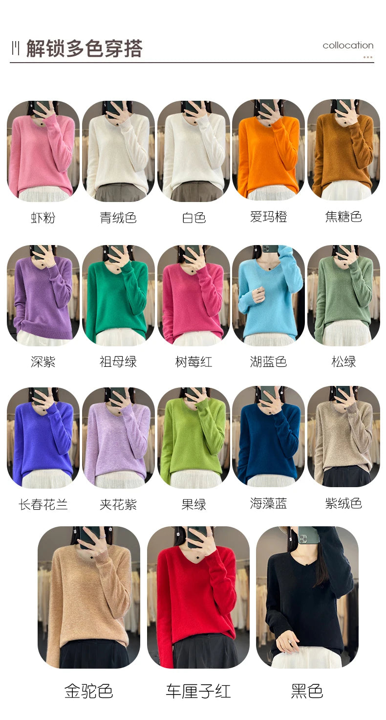 Women 100% Merino Wool Sweater V-Neck Basic Pullover Autumn Winter Cashmere Clothing Long Sleeve Soft Knitwear Tops Solid Color