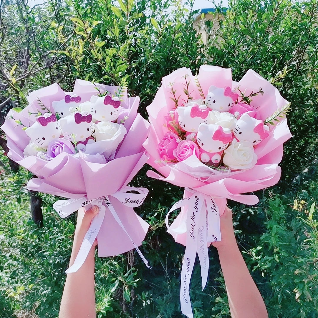 Hello Kitty Cartoon Plush Bouquet Anime Rose Soap Flowers Doll Home Wedding Decoration Christmas Valentine's Day Gift
