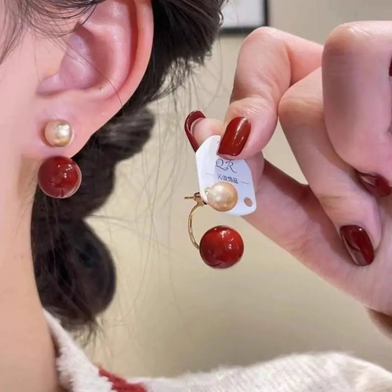 925 Silver Needle Korean Vintage Brown Pearl Earrings For Women Jewelry 2025 Trending New Luxury Women's Red Ball Earrings gifts