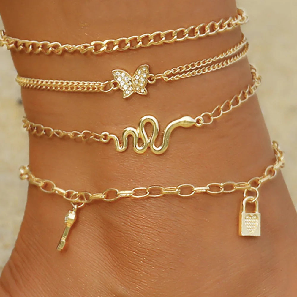 Bohemia Butterfly Anklet Set For Women Star Heart Pearl Charm Ankle Bracelet Female Summer Vacation Beach Jewelry Accessories