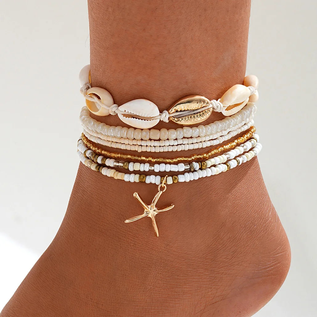 3pcs Retro Pearl Beads Anklet for Women Fashion Handmade Shell Butterfly On Foot Bracelet Bohemian Summer Beach Jewelry Gifts