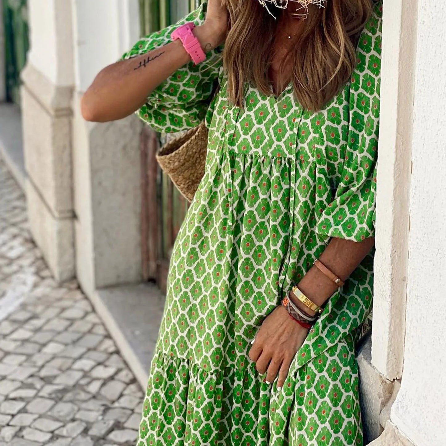 Women's Summer Casual Fashion Geometric Print Neckline Lace-up Bubble Middle-sleeves Ruffle Stitching Big Swing Long Losse Dress