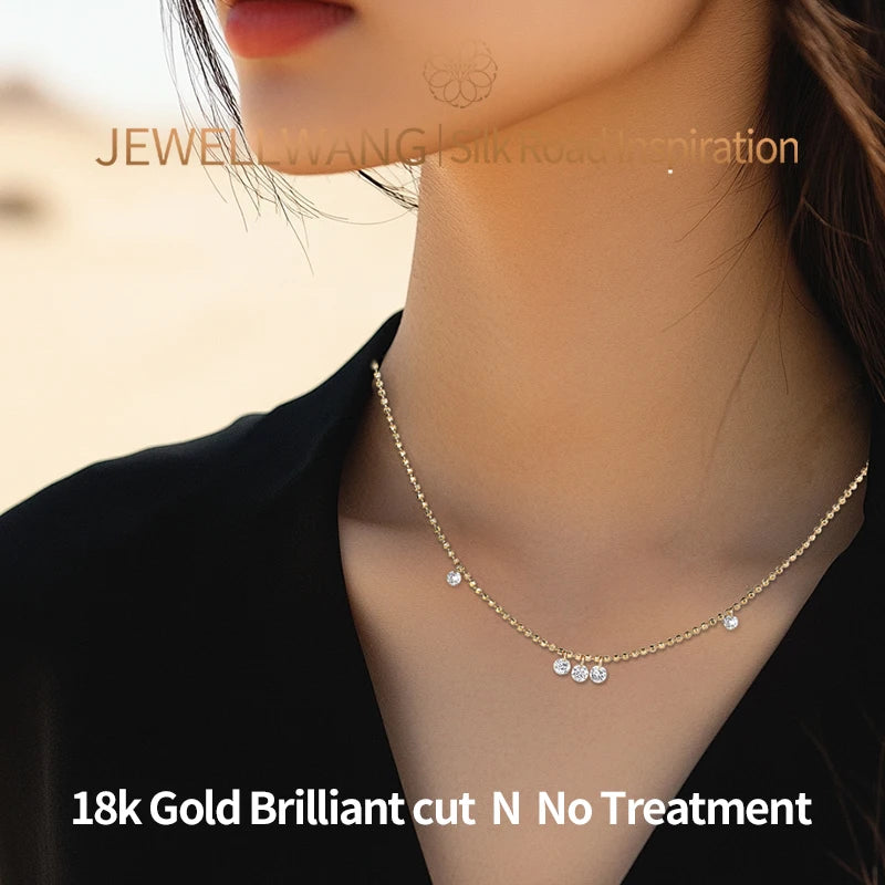 JEWELLWANG 18K Yellow Gold Waterdrop Floating Design Lab-Grown Diamond Pendant Necklace, 0.8 Ct 5-Stone Beaded Synthetic Chain