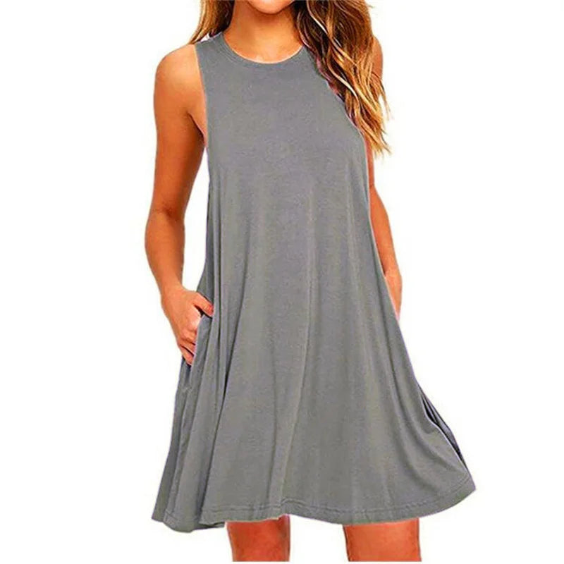 Summer Women Sleeveless Dress Ladies Casual O-Neck Club Beach Loose A-Line Mini Dress Vestidos QT034