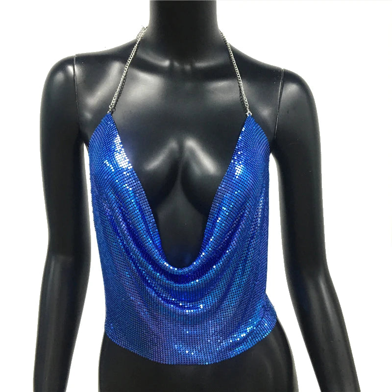 Festival Brilliant Rhinestone Backless Party Crop Top Women 2022 Summer Glitter Evening V Neck Diamonds Metal Tank Tops